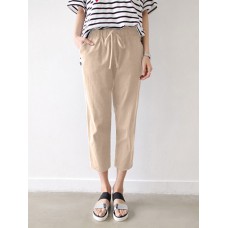 Leisure Solid Drawstring Pocket Cotton Casual Pants