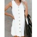 Cotton Solid Button Ruffle Sleeveless V Neck Casual Dress