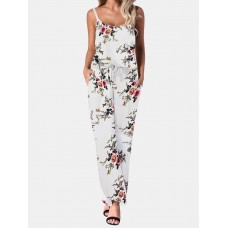 Flower Print Drawstring Pocket Strap Jumpsuit For Women