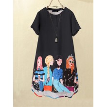 Cartoon Girls Graphic Pocket Short Sleeve Button Dress