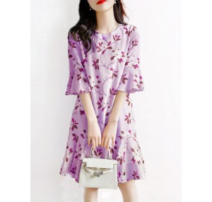 Flower Print Bell Sleeve Crew Neck Keyhole Back Dress