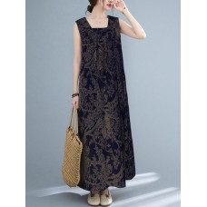 Plant Print Ruched Sleeveless Casual Maxi Cotton Dress